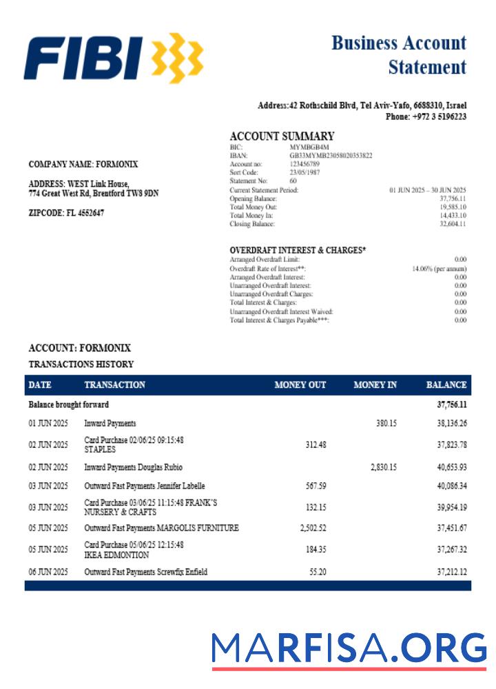 Realistic First International Bank of Israeli company checking account statement Word and PDF template